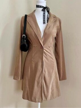 Vintage 90s grunge minimalist rockstar gf camel tan faux suede duster jacket XS
